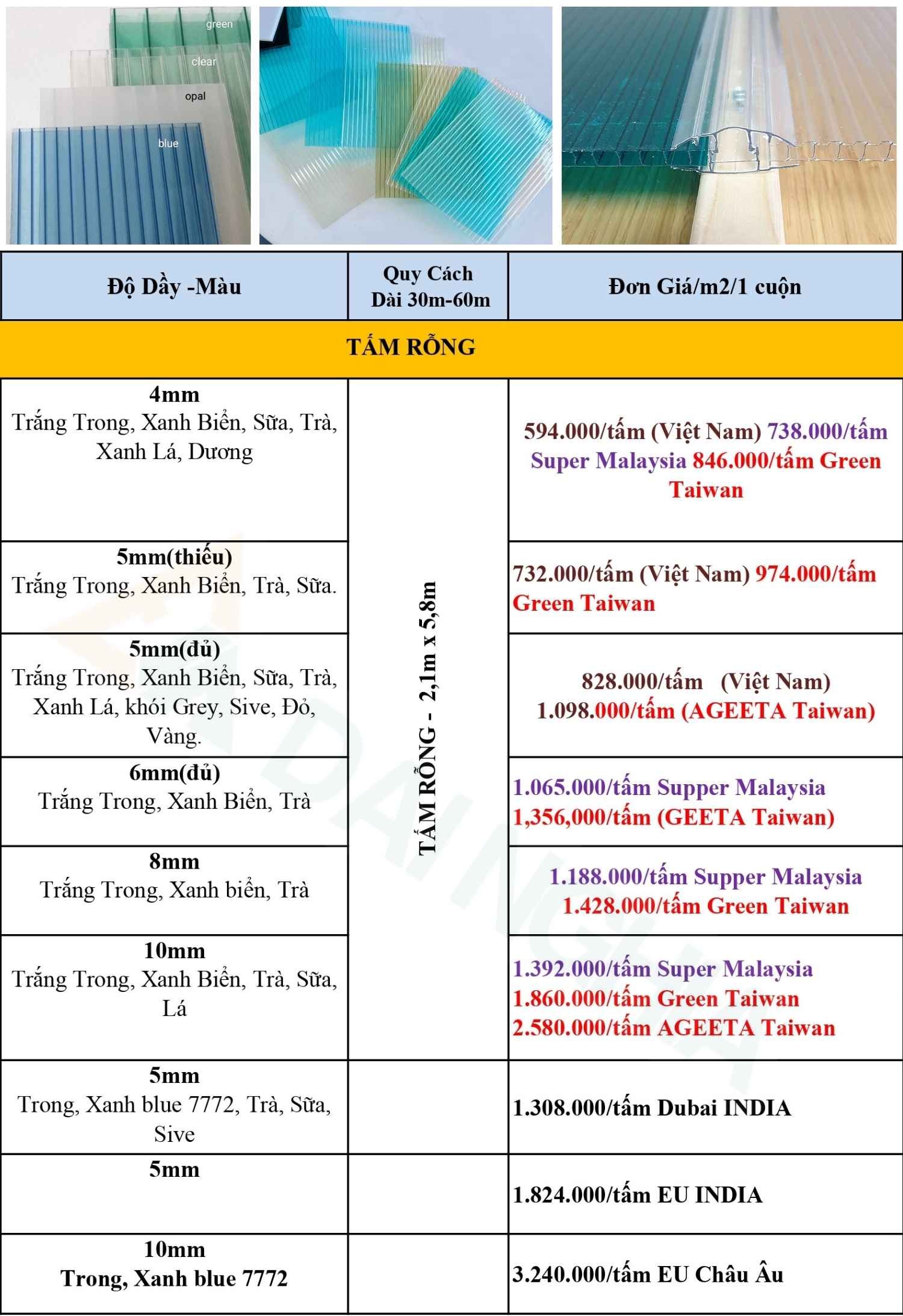 BẢNG GIÁ TẤM POLY RỖNG RUỘT
