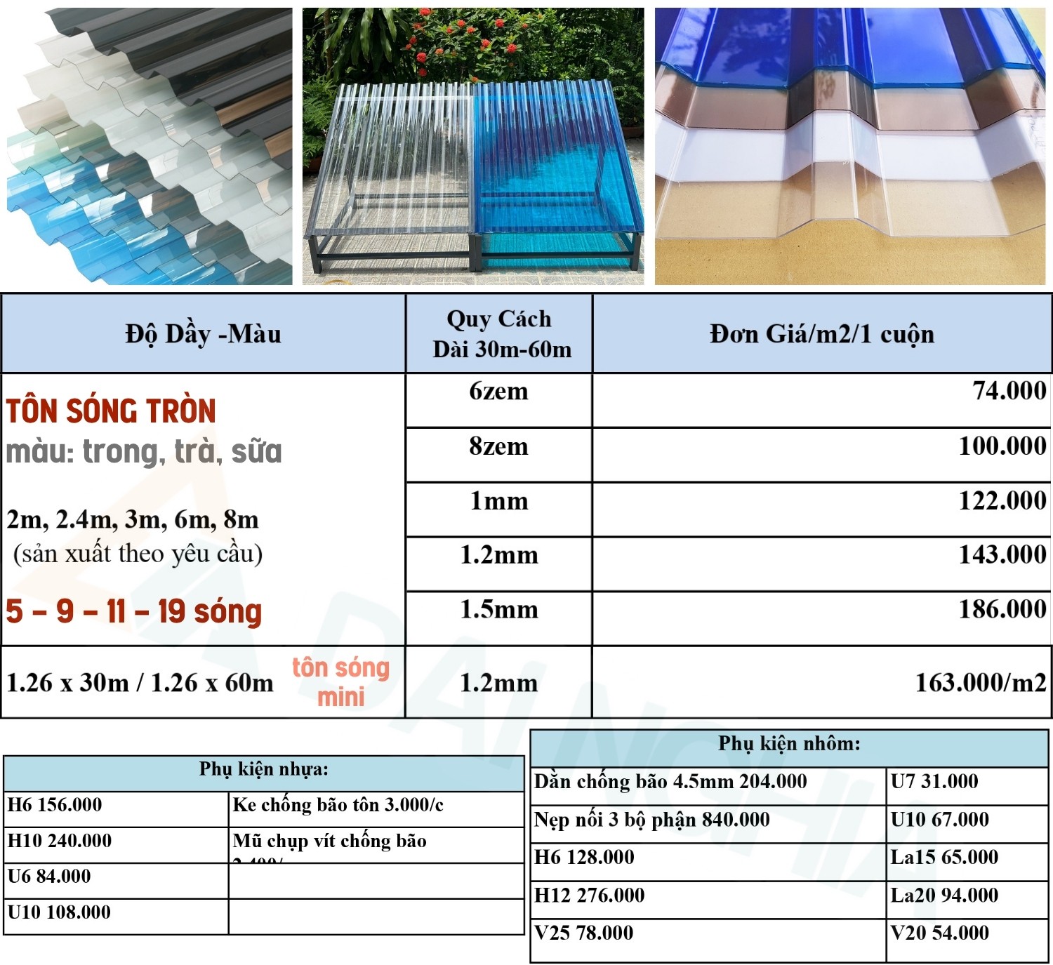 Bảng Báo Giá Tấm Poly - Tấm Lợp Poly Lấy Sáng 2025 4 Bảng báo giá Tấm Poly Sóng và phụ kiện