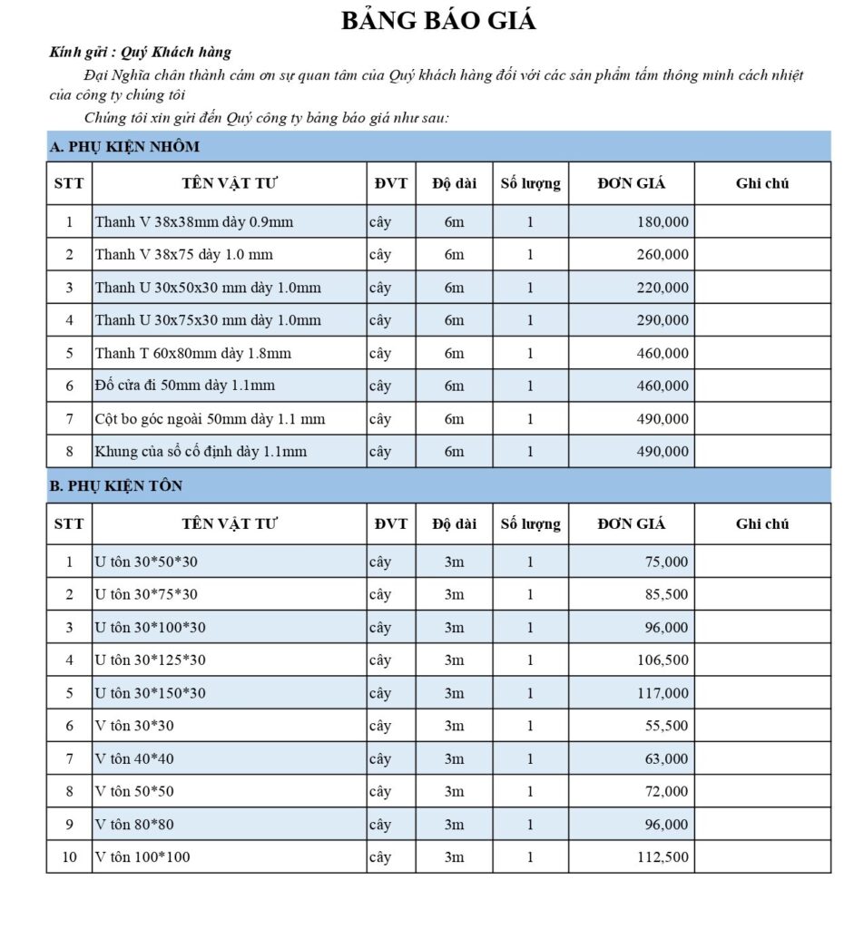 Báo Giá Chi Tiết Tấm Panel Cách Nhiệt Cách Âm Và Phụ Kiện Panel 18 TD BANG GIA PHU KIEN T8 page 0001 e1704953760229