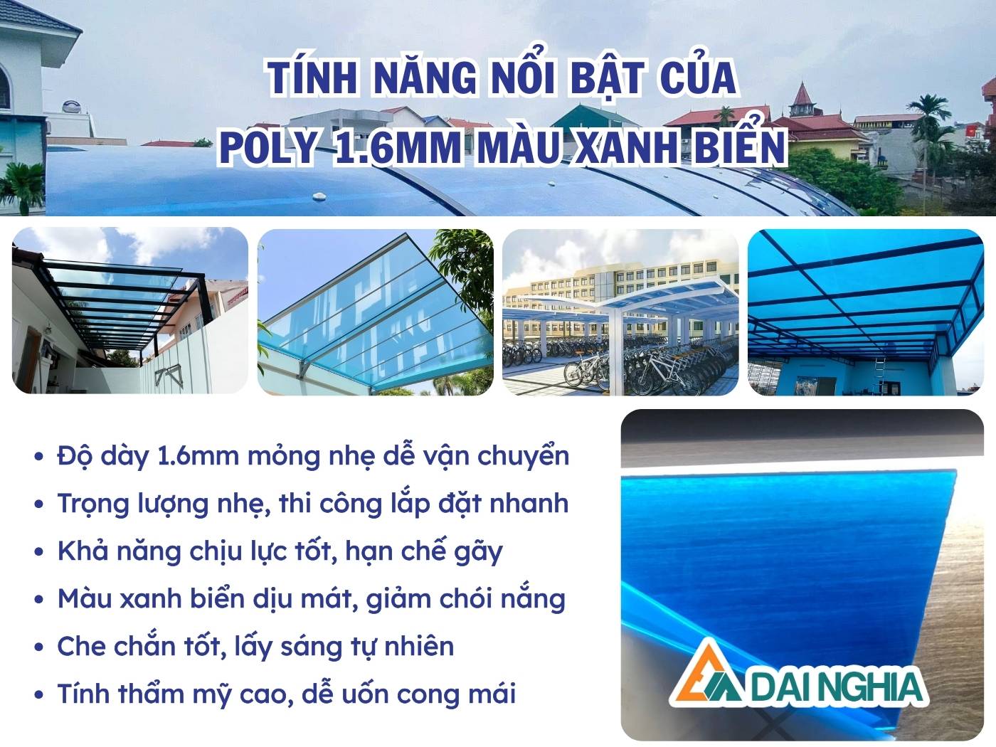 Tính năng nổi bật của tấm Poly đặc 1.6mm màu xanh biển