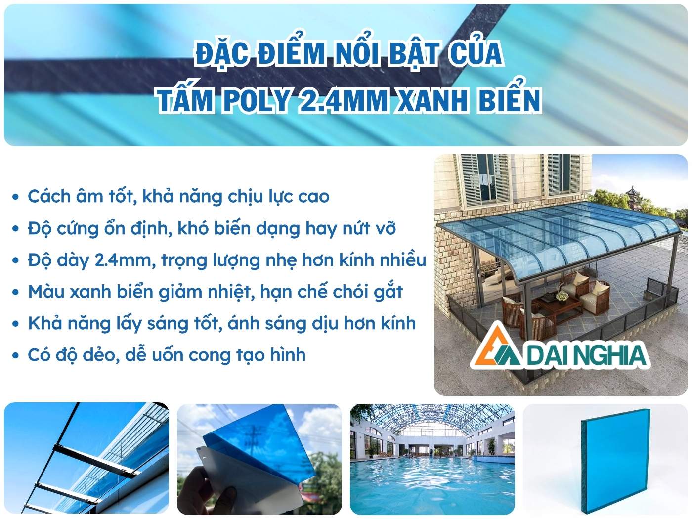 Đặc điểm nổi bật của tấm Poly đặc 2.4mm xanh biển