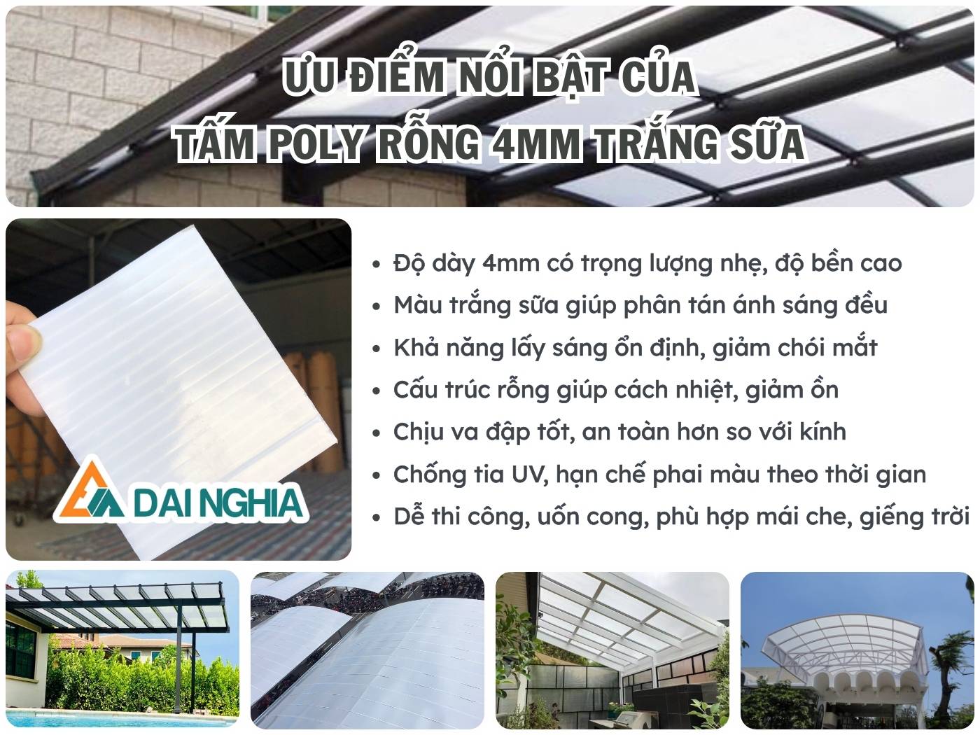 Ưu điểm nổi bật của tấm Poly rỗng 4mm trắng sữa