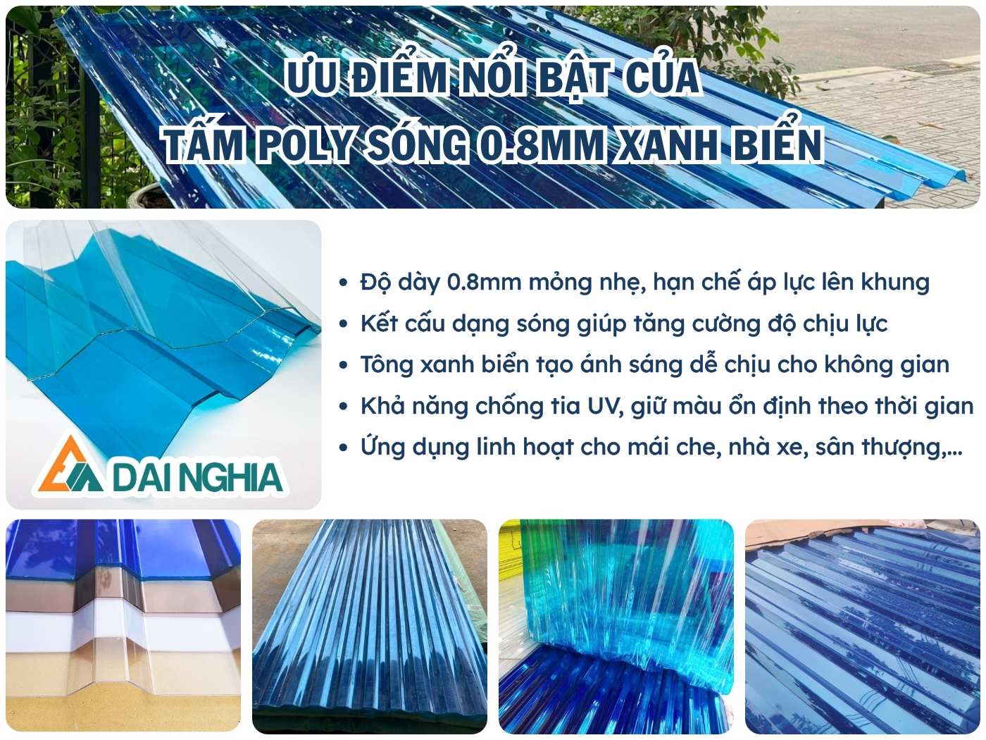 Ưu điểm nổi bật của tấm Poly sóng 0.8mm xanh biển