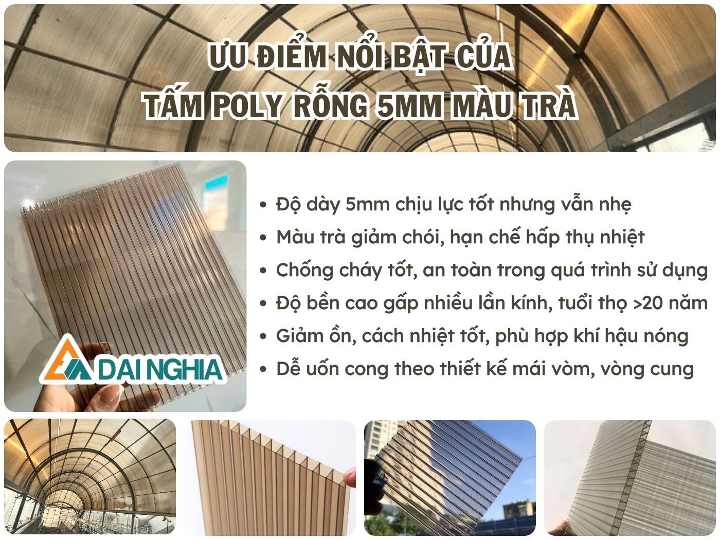 Ưu điểm nổi bật của tấm Poly rỗng 5mm màu trà