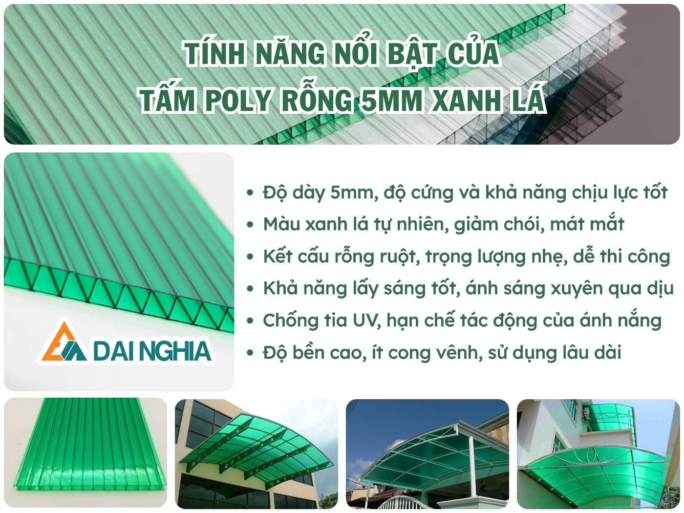 Tính năng nổi bật của tấm Poly rỗng 5mm xanh lá