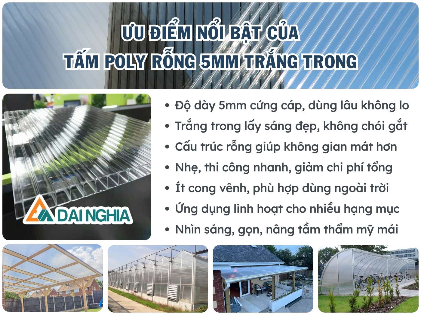 Ưu điểm nổi bật của tấm Poly rỗng 5mm trắng trong