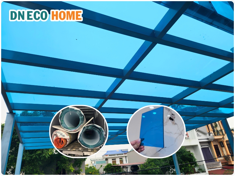 Ứng dụng tấm Poly đặc 5mm xanh biển làm mái che nắng