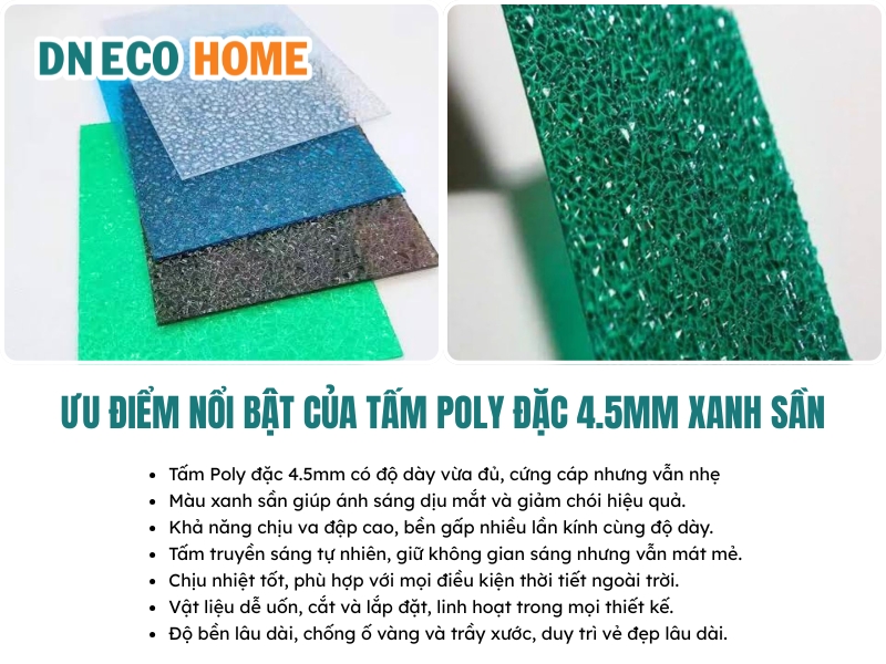 Ưu điểm nổi bật của tấm Poly đặc 4.5mm xanh sần