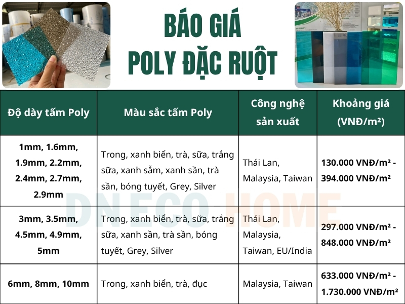 Giá tấm nhựa lấy sáng polycarbonate đặc ruột